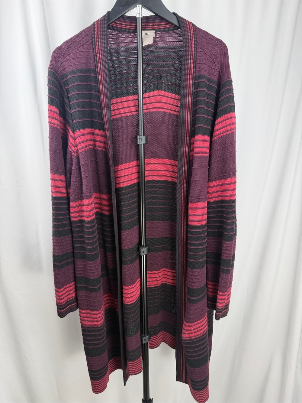 Chico's Burgundy, Black & Pink Striped Open-Front Cardigan